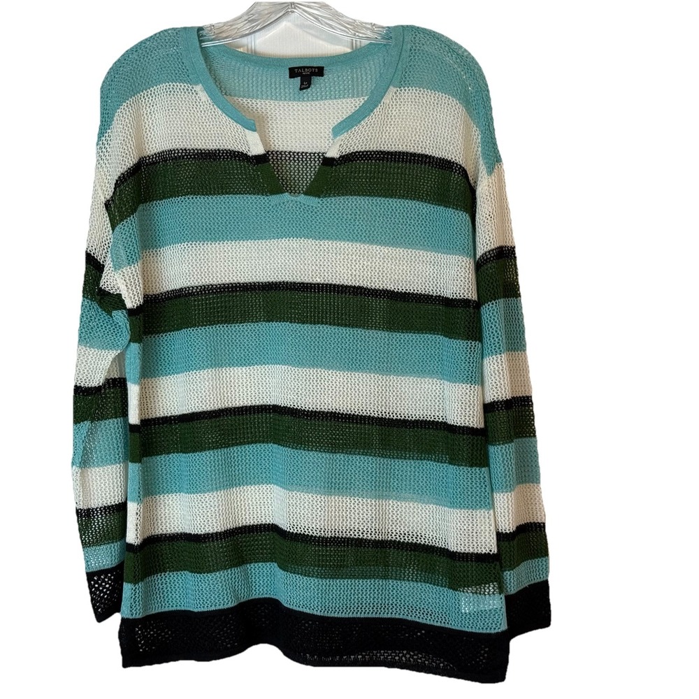 Talbots Linen Blend Open Netted Sweater Sz L Petite Blue/Green/White Striped‎